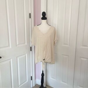 Umgee linen blend tan/beige fringe vneck short sleeve blouse w/front tie large